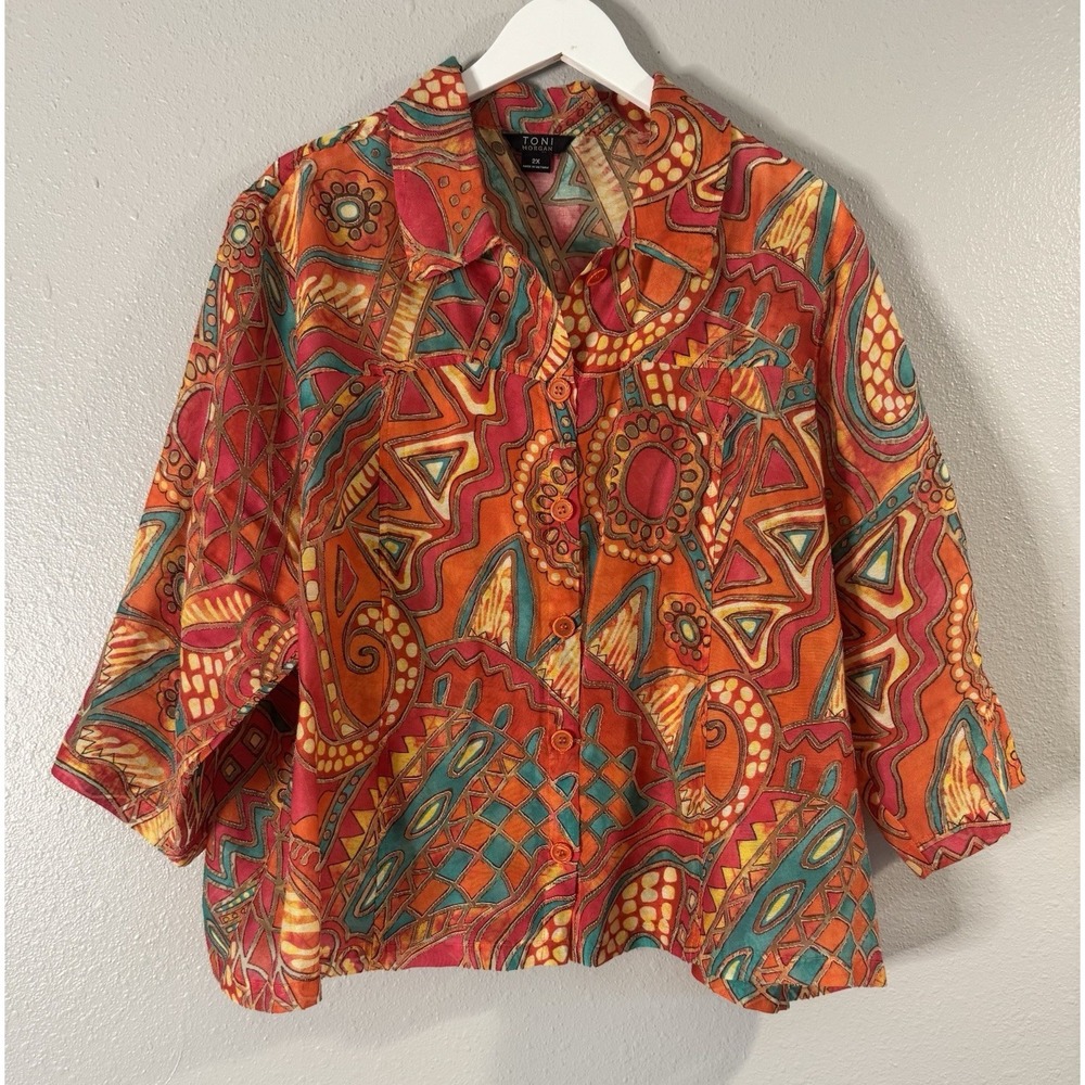Toni Morgan 2X Geometric Lagenlook  Blouse Rayon Linen Boho Artsy Abstract